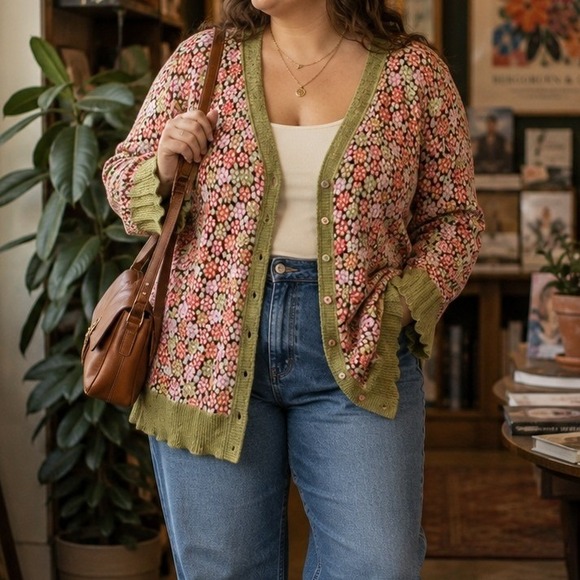 Sigrid Olsen Sweaters - Sigrid Olsen Woman 1X Silk Blend Floral Cardigan Green Pink Boho Artsy Cottage